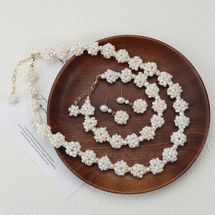 Natural Freshwater Pearl Flower Ball Pearl Necklace Clavicle Chain Popcorn Bracelet Earrings Handmade High-End Light Luxury