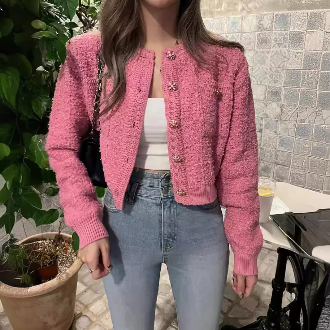 韩版秋冬新款软糯小香风针织开衫上衣女法式气质显瘦圆领毛衣外套