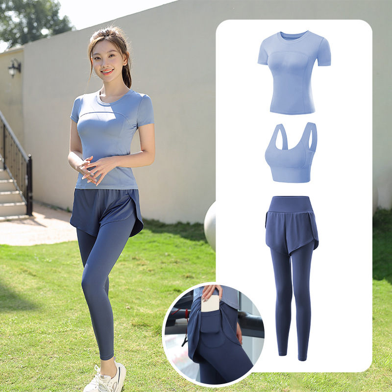 Trajes de yoga para mujeres de verano para correr ropa deportiva suelta rápida ropa seca bolsillo para correr trajes de mujeres de la mañana para correr comercio exterior