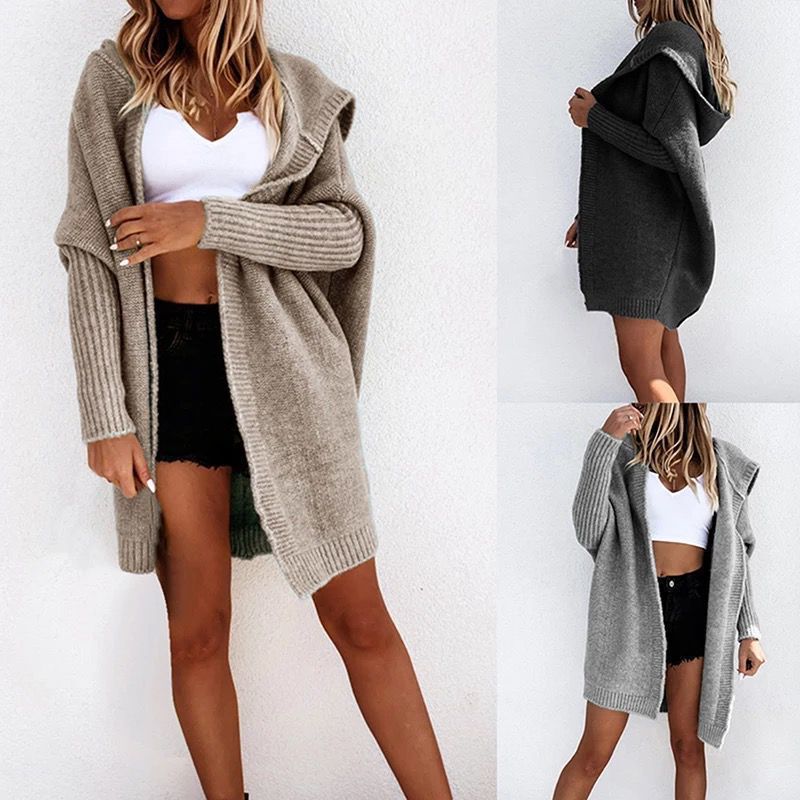 20226 Sweater for Women Amazon European and American New Style Pure Color Casual Autumn and Winter Loose Knitted Hoodie Mid-Length Jacket