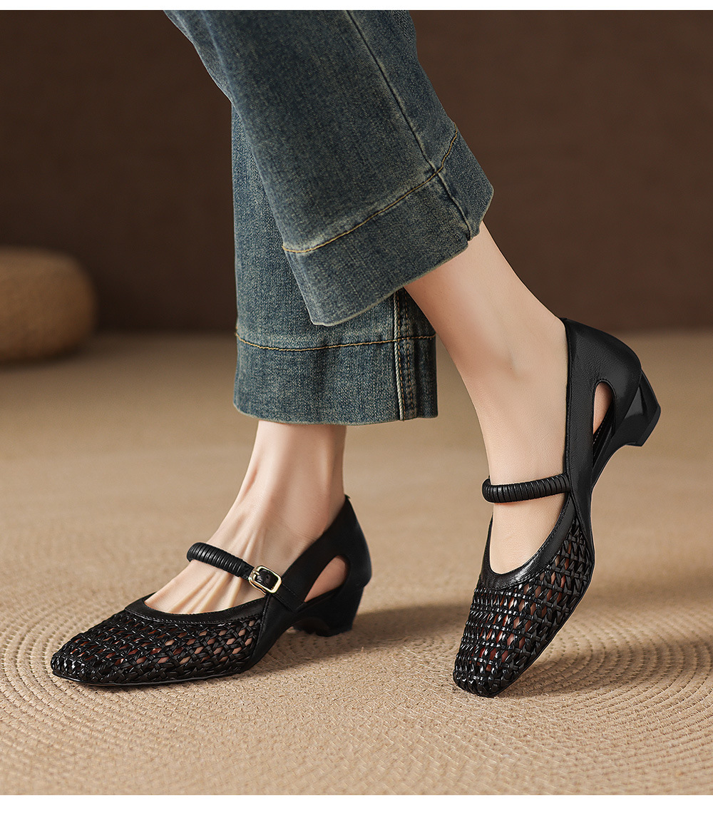 Giày sandal nữ gót thấp 3 cm mũi vuông hở bên da cừu đi làm — đen chi tiết 8