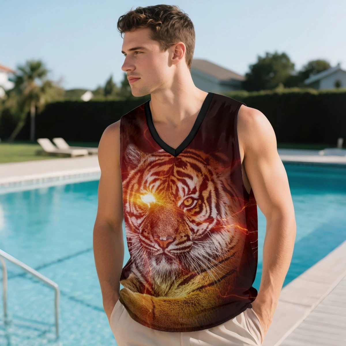 Летний мужской жилет, внешняя торговля, дропшиппинг, персонализированный дизайн с тигровым принтом, полиэстер, повседневная одежда без рукавов