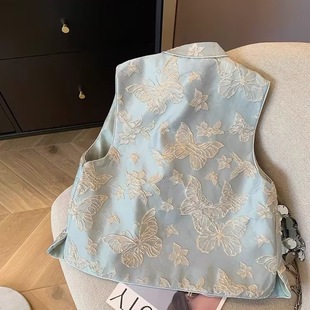 New Chinese Butterfly Embroidery Vest Temperament Buckle National Style Sleeveless Vest Butterfly Embroidery Blue Southeast Asian Others