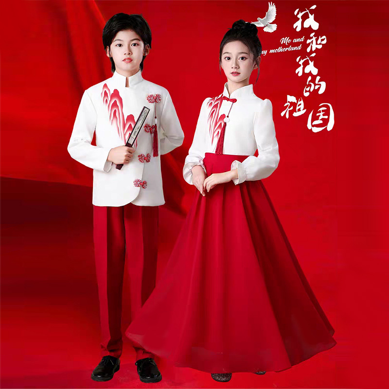 儿童初高中小学生合唱红色爱国主题朗诵演讲比赛万疆国风演出服女