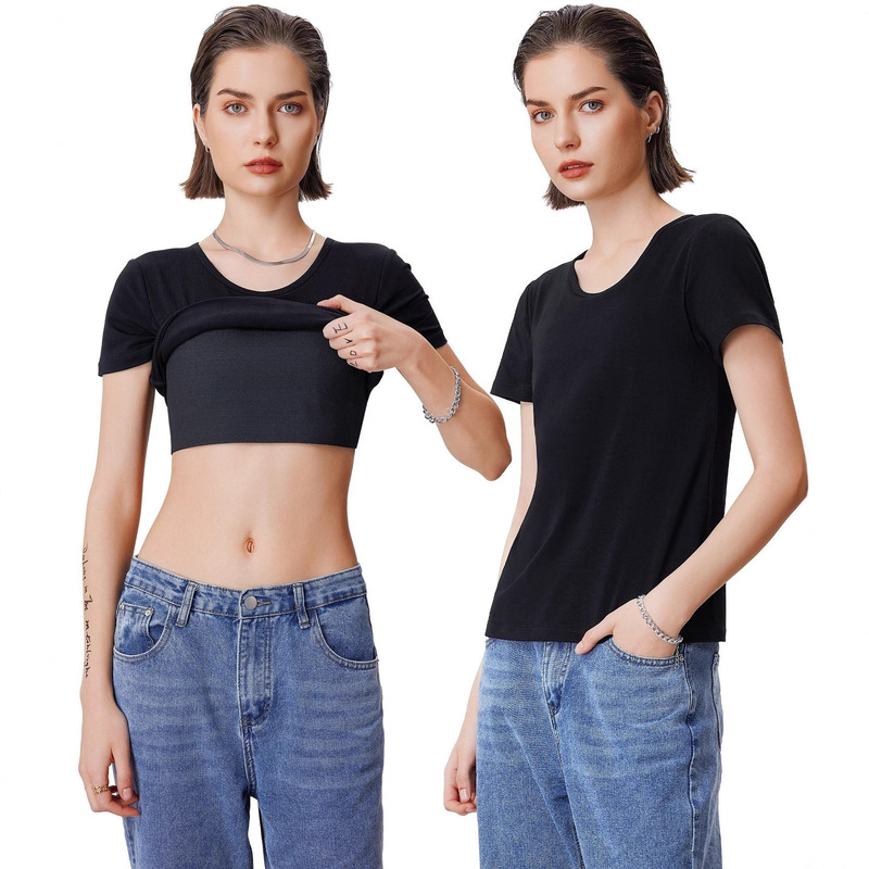 Cross-Border Hot-Selling Girls' Bust Shaping Short-Sleeved Tops Tomboy Comfortable V Neck T-Shirt with Built-In Breast Pads and Corset Tight Tops