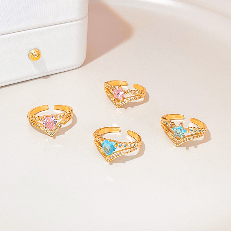 Fashion Star Heart Shape Copper Inlay Artificial Diamond Open Ring 1 Piece