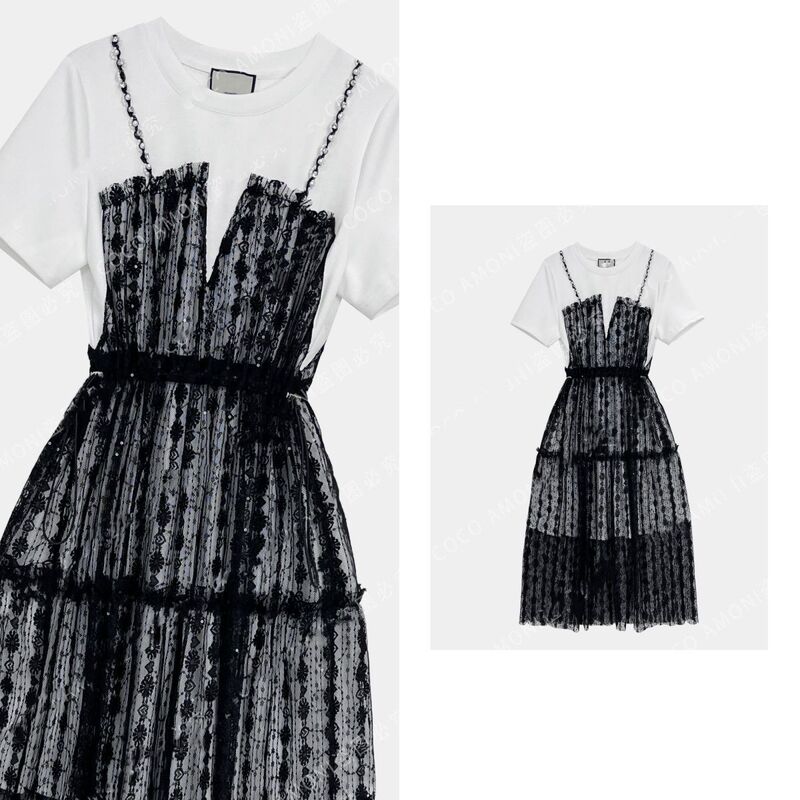High-End Summer Luxury Designer Lace Patchwork New Style Slimming Suspender Dress with a Two-Piece Look