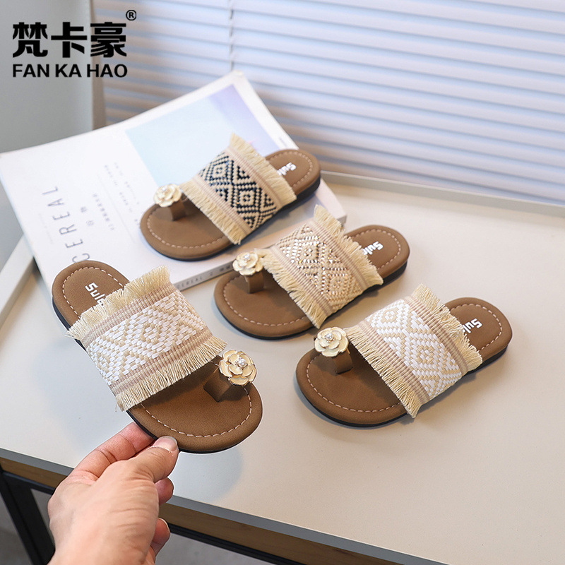 Fankahao Ethnic Style Fisherman's Slip-On Sandals 2026 Summer New Fashion Woven Outdoor Sandals for Girls