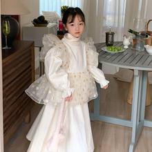 童套裝2022秋季新品韓版女童圓領飛袖拼紗兩件套兒童圓點純色套裝