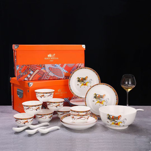 Tang Sancai Ceramic Tableware Bowl and Dish suit Wedding Accompanying Gift Opening Event Insurance Sale Gift Box Entity Gift