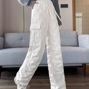 Cotton Pants Women's 2024 Winter New Outfit Thickened fleece-lined Loose High Waist Straight Down Cotton Wide Leg Warm Pants