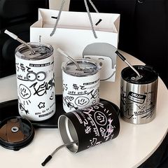 クリエイティブ落書きステンレスコーヒーカップ女子オフィスストローカップ高颜値保温カップ家庭用コップカップカップ