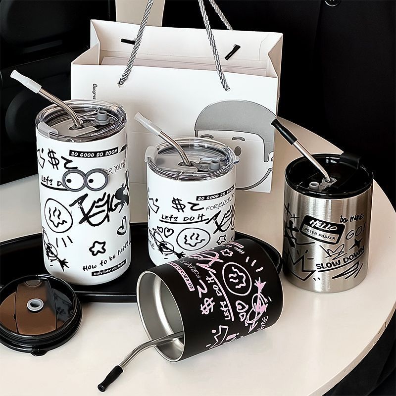 クリエイティブ落書きステンレスコーヒーカップ女子オフィスストローカップ高颜値保温カップ家庭用コップカップカップ|undefined