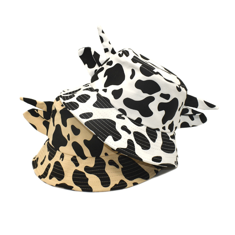 Daily, Street, Sports Occasion Cotton Material Women's Casual Streetwear Cow Pattern Printing Flat Eaves Bucket Hat