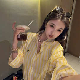 高版RL拉夫小马标亚麻黄色条纹刺绣衬衫老钱风休闲衬衣长袖上衣女