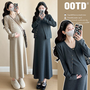 Pregnant Women's Spring Dress dress Advanced Sense Pregnancy Spring and Autumn suit Fashion Western Style Fashionable Trendy Mothers Dress Two-piece Set