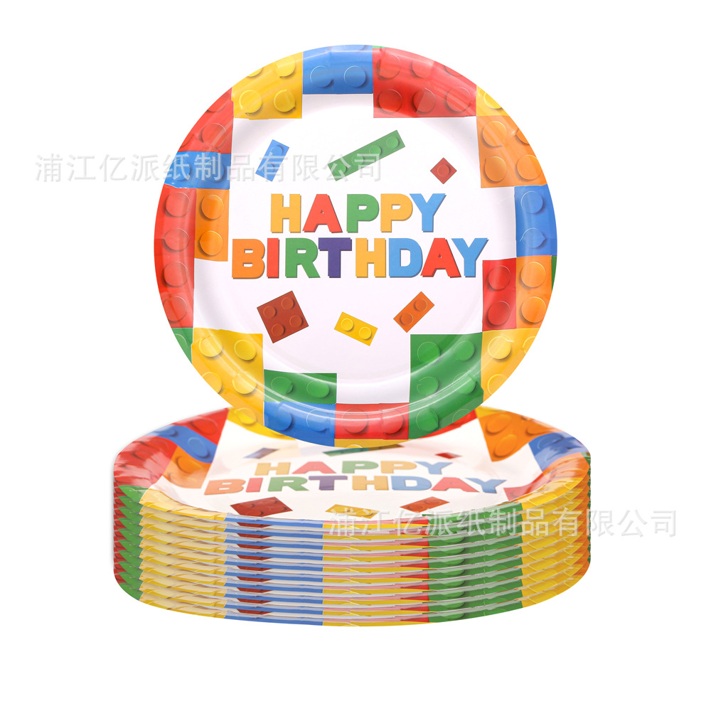 Lego tema de fiesta de cumpleaños decoración bandeja de papel tazas de papel toallas de mesa para niños juegos de puzzle cubiertos