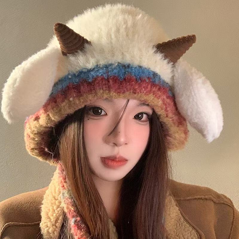 秋冬季毛绒会叫小羊角保暖包头加绒护耳毛线帽女百搭防寒针织帽子|undefined