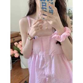 实拍睡衣无袖少女夏季2025格子吊带套装可爱家居服送发圈外贸批发