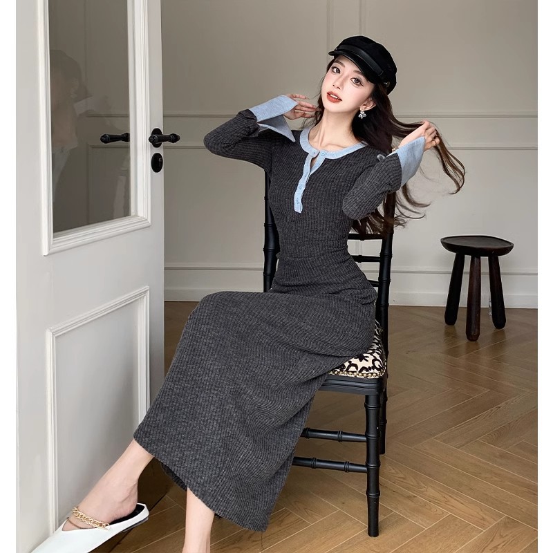 (2개) 가을 틈새 디자인 대비 컬러 스티칭 버튼 긴팔 원피스 여성용 타이트 허리 슬림 핏 힙합 랩 스커트 우아한 롱 스커트