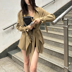 MENGXIANG 北川景子古早风衣 荷叶领短款大翻领风衣外套气质大衣