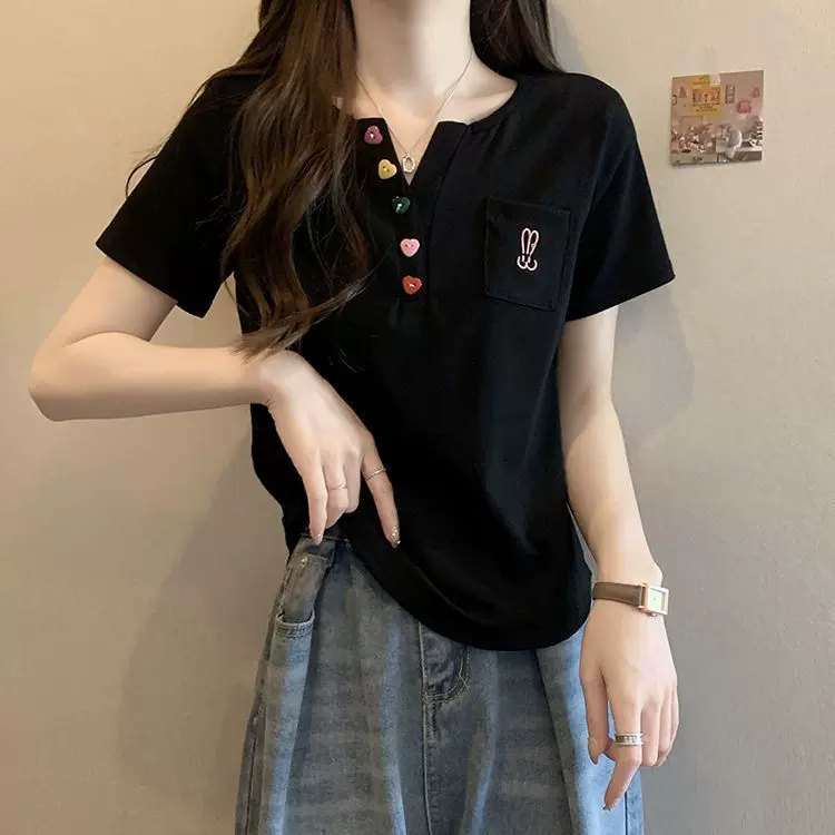 大码立体装饰设计感短袖t恤女2025夏季新款修身显瘦遮肉外穿上衣