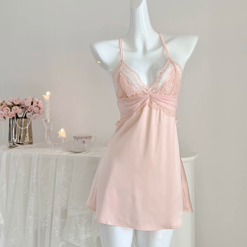 【Love Spring Bird】Purely Sexy Lace Palace-Style Princess Suspender Nightgown, Summer Alluring Satin Backless Sleepwear