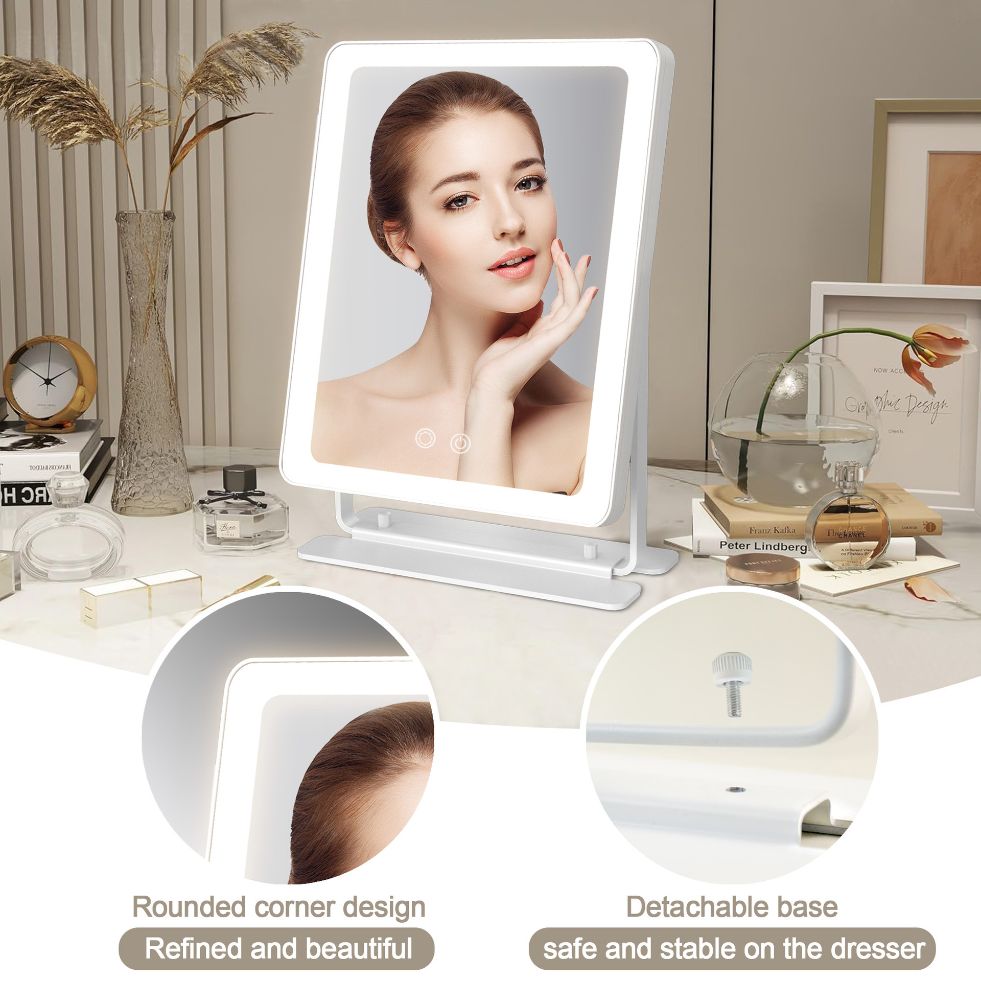 25X30CM espejo de maquillaje con lámpara led espejo recargable de escritorio grande cuadrado unilateral espejo de belleza HD