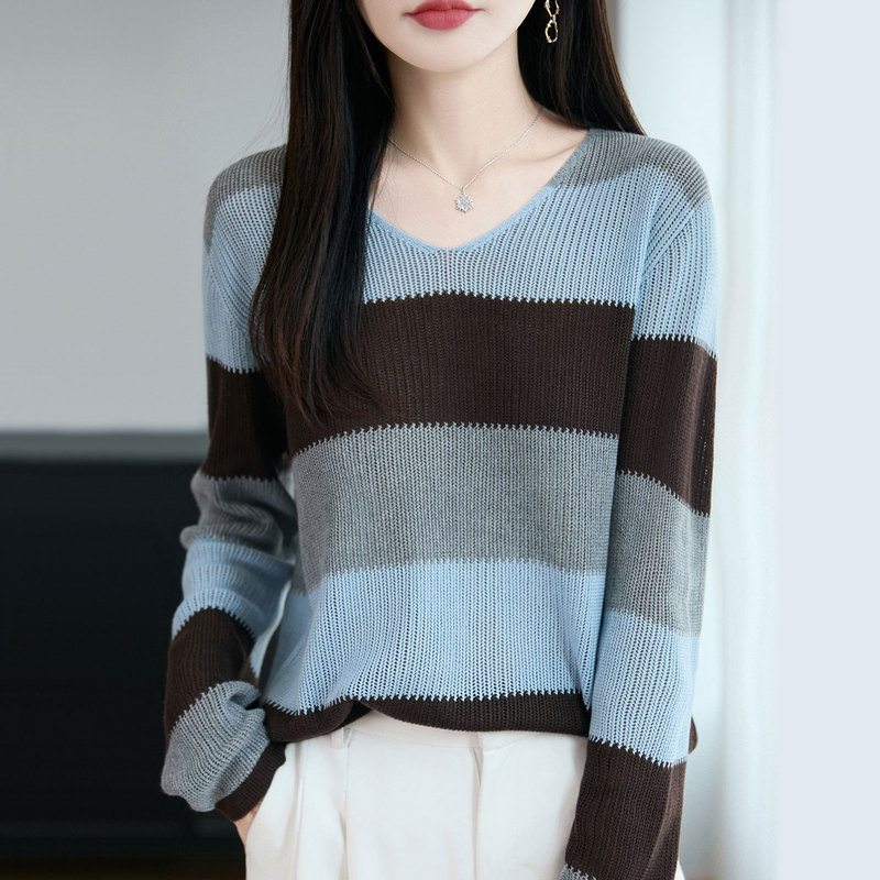 【厂家直供】春秋新款条纹V领拼色宽松针织衫时尚百搭打底毛衣女|undefined
