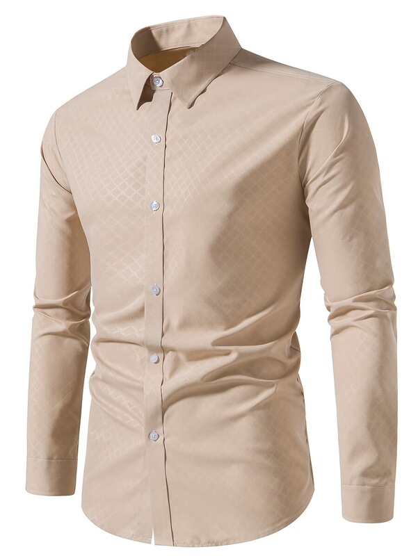 2025 Cross-Border New European and American Men's Slim Diamond Pattern Dress Shirt Beige Cross-Border Dropshipping