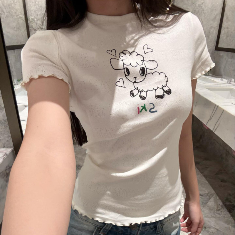 26Ss Spring and Summer New Sk Easter Limited Edition Cute Lamb Print Graffiti Lace Short-Sleeved T-Shirt Top for Women