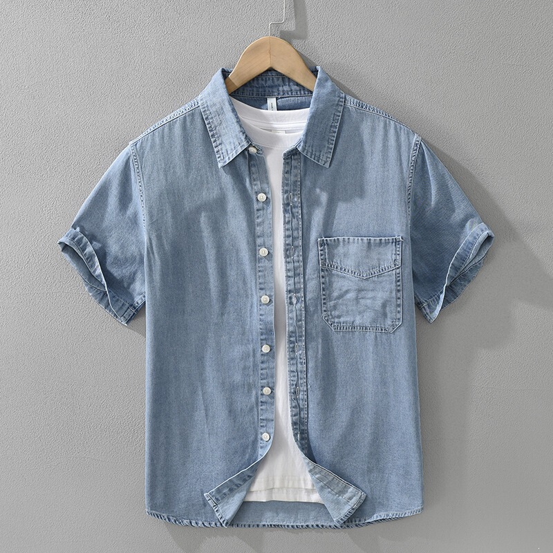Japanese Retro Pure Cotton Denim Short-Sleeve Shirt for Men, Fashionable Versatile Artistic Casual Simple Loose Shirt Top