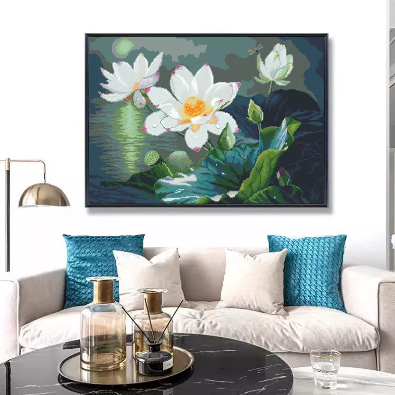 十字绣厂家抖音快手小红书一件代发2025新款线绣客厅刺绣花卉荷花