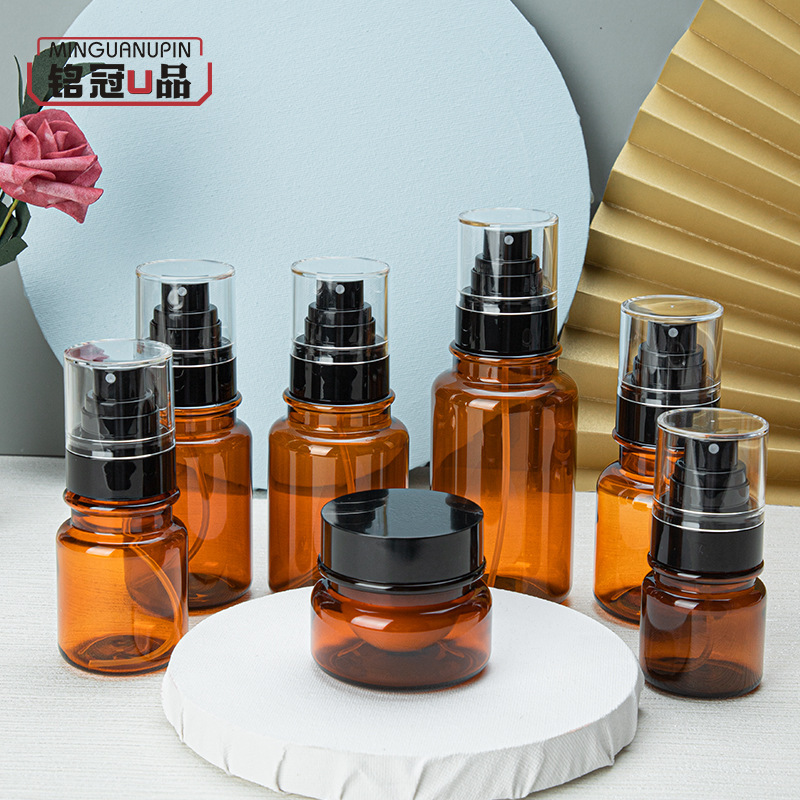 工厂现货茶色PET塑料小容量细雾化妆品套装定妆喷雾瓶医美包材