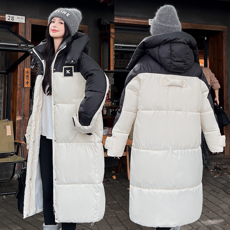Gran tamaño largo sobre la rodilla ropa de moda de algodón de mujer coreana chaqueta de algodón de color contrastante ropa de algodón con capuchón suelta ropa de pan de mujer chaqueta