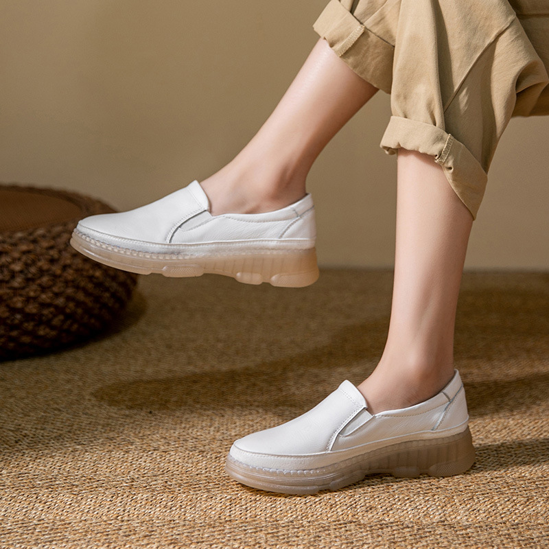 Spot New First Layer Cowhide Loafers Women's Slip-on Women's Shoes Leather White Shoes Casual Leather Shoes for Nurses