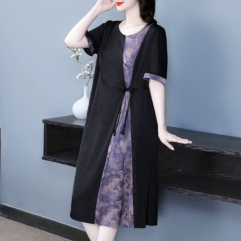 2025 Французский новый стиль высококачественное свободное платье плюс сайз для женщин среднего возраста с эффектом стройности в ретро стиле из шифона.