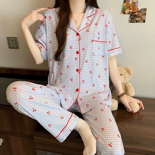 睡衣女夏季格纹日系风短袖长裤亲肤云朵棉格纹ins风樱桃居家套装