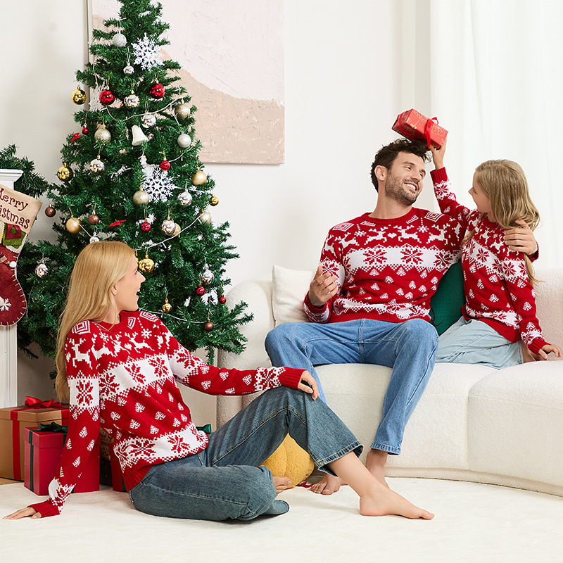 Suéter de punto de cuello redondo casual europeo y americano transfronterizo Navidad para padres e hijos otoño e invierno suéter jacquard de alce navideño de manga larga