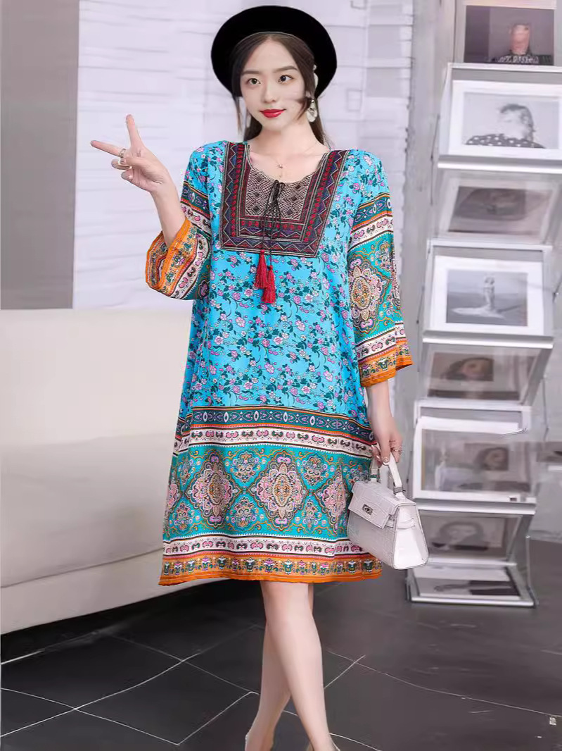 タイ風Aラインコットンワンピース、夏向け、クロスボーダーコットンシルクワンピース、アーティスティックレトロエスニック風婦人服