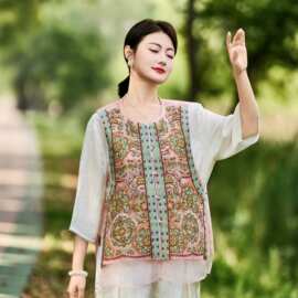 重工满绣欧根纱女式马夹夏季民族风圆领盘扣马甲女时尚薄款小背心
