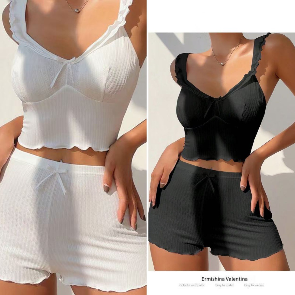 European and American Cross-Border New Sexy Pajamas Suspender Shorts 2-Piece Summer Deep V Intimates Women's Home Wear Set Wholesale