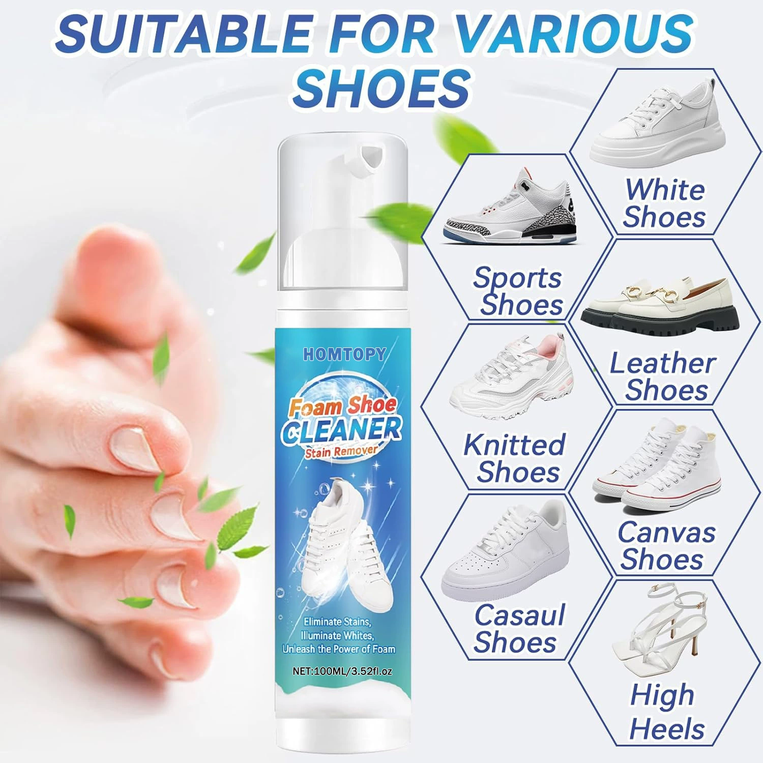 Очиститель для обуви из белой пены для удаления пожелтения и загрязнений, моющее средство для химчистки, несмываемая пена для чистки обуви.