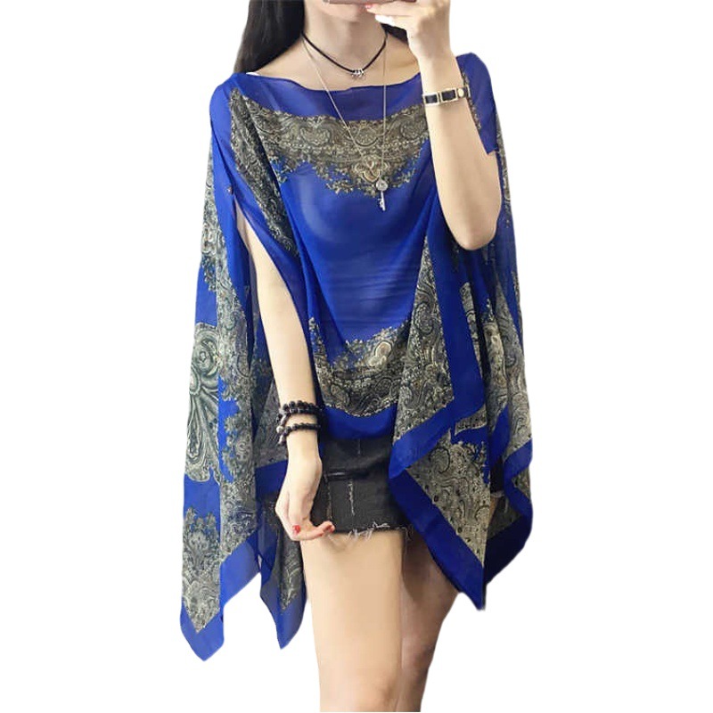 Sanya seaside cape shawl sunscreen women's summer thin chiffon shirt with leaky shoulder printed coat shaking sound hot selling coat