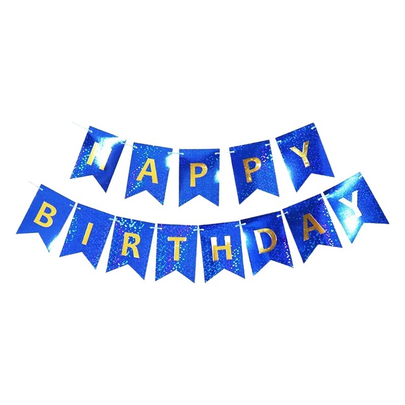 Nuevo papel de aluminio brillante oro Feliz cumpleaños carta cola de pez tire bandera fiesta escena diseño cumpleaños colgando bandera Decoración