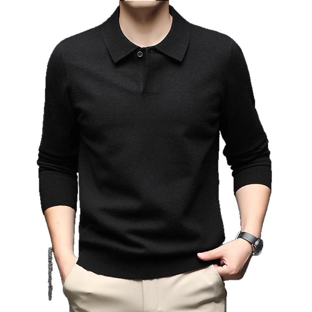 Polo de color sólido para hombres otoño y invierno moda jacquard camiseta de regazo de manga larga regazo nuevo suéter de hombre casual