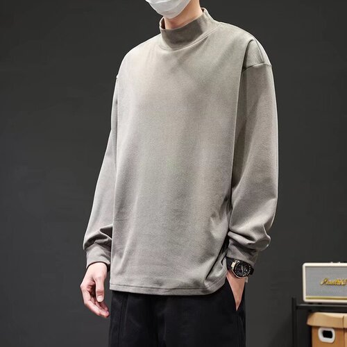 Cotton-padded merino half-neck long-sleeved T-shirt for men, autumn and winter style, warm inner layer, base shirt, round neck, loose sweatshirt for boys