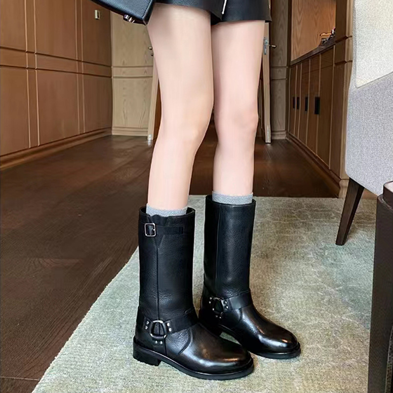 Uva mamá 2023 otoño e invierno nuevo fresco chic vegetal curtido francés retro hebilla de cinturón de media pantorrilla fondo grueso botas de caballero para las mujeres