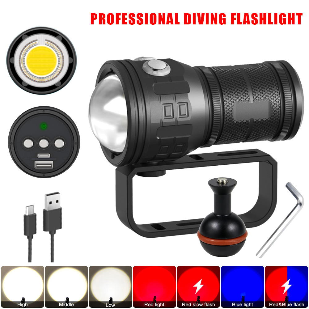 QX4 다이빙 손전등 [내장 배터리] + 핸들 브래킷 + 볼 브래킷 + USB 라인