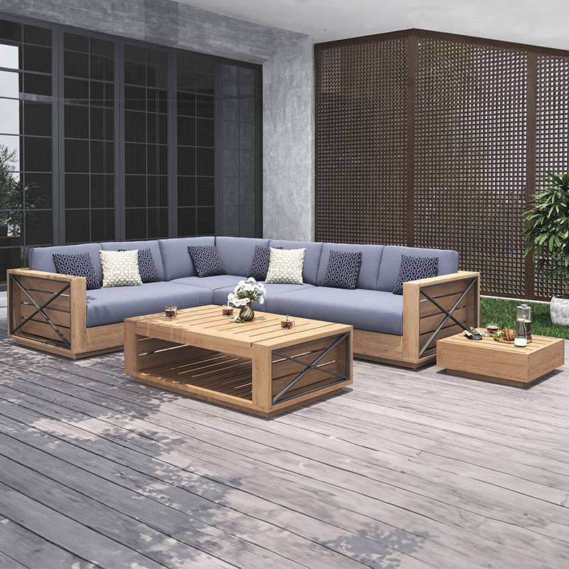 Conjunto de sofás de teca para exteriores para patio de hotel, impermeable, resistente al sol, muebles anticorrosivos, sofá de madera maciza para jardín de villa.